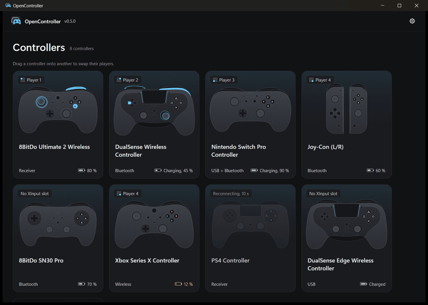 The OpenController app with eight connected controllers, each drawn in its own shape.
